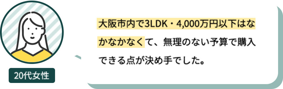 20代女性：大阪市内で3LDK・4,000万円以下ならかなかなくて、無理のない予算で購入できる点が決め手でした。