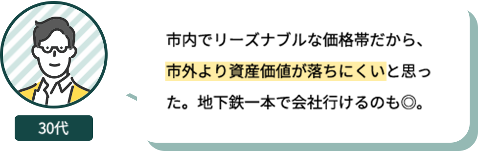 30代女性：新築マンションで、この間取りの広さで、利便性の良さで、この価格で抑えられる物件はなかなかなかった。
