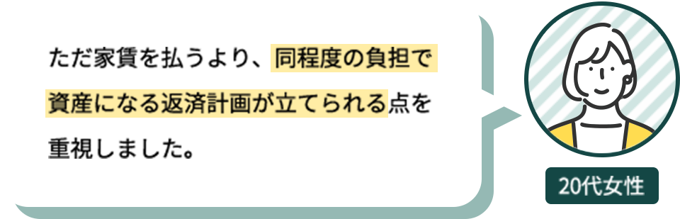 20代女性：ただ家賃を払うより、同程度の負担度で資産になる返済計画が立てられる点を重視しました。