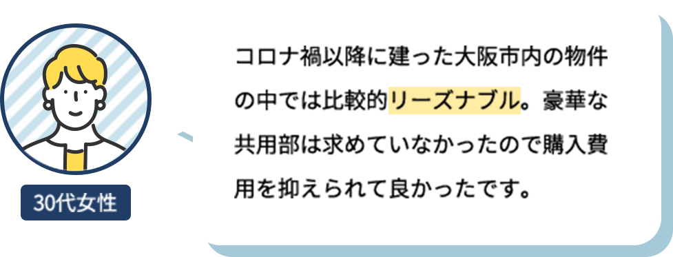 コロナ禍以降に建った大阪市内の物件の中では比較的リーズナブル。豪華な共用部は求めていなかったので購入費用を抑えられて良かったです。