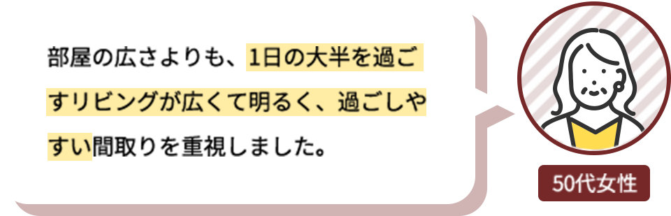 部屋の広さよりも、1日の大半を過ごすリビングが広くて明るく、過ごしやすい間取りを重視しました。