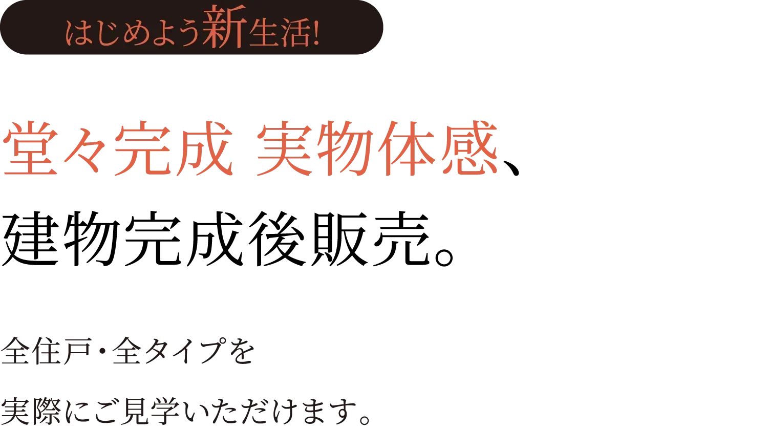 堂々完成 実物体感、建物完成後販売。
