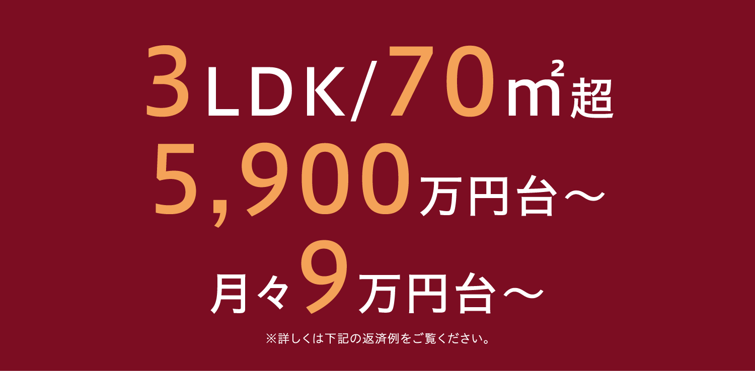 3LDK/70㎡超 5,900万円台〜 月々9万円台〜