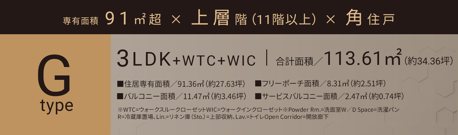 Gタイプ 3LDK+WIC 合計面積／113.61㎡（約34.36坪）■住居専有面積／91.36㎡（約27.63坪）■バルコニー面積／11.47㎡（約3.46坪）■フリーポーチ面積／8.31㎡（約2.51坪）■サービスバルコニー面積／2.47㎡（約0.74坪）