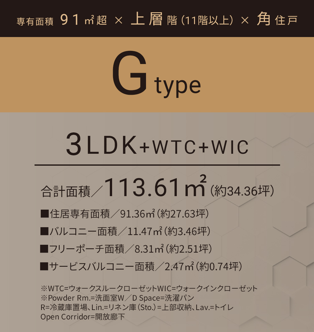 Gタイプ 3LDK+WIC 合計面積／113.61㎡（約34.36坪）■住居専有面積／91.36㎡（約27.63坪）■バルコニー面積／11.47㎡（約3.46坪）■フリーポーチ面積／8.31㎡（約2.51坪）■サービスバルコニー面積／2.47㎡（約0.74坪）