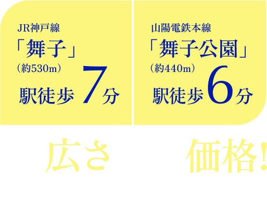 JR神戸線「舞子」駅徒歩7分（約530m）｜山陽電鉄本線「舞子公園」駅徒歩6分（約440m）｜この広さでこの価格！