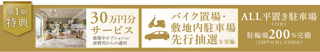 【第一期特典】30万円分サービス（建築中オプションor諸費用からの適用）/バイク置場・敷地内駐車場先行抽選を実施（ALL平置き駐車場（71台）駐輪場200%完備（129戸に対して258台））