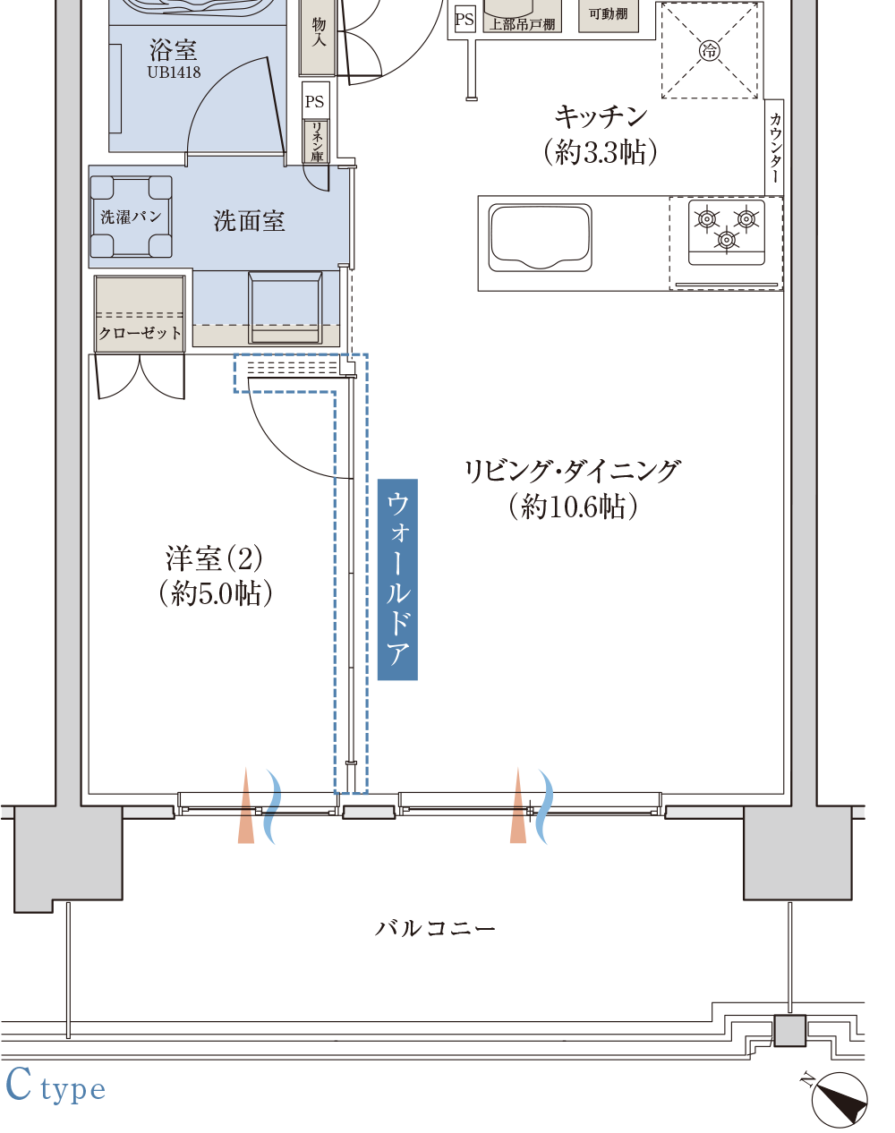 Cタイプ間取図 ウォールドア周辺部分図