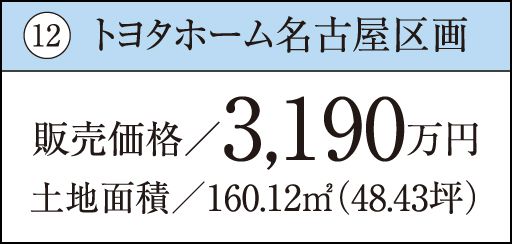 12 トヨタホーム名古屋区画販売価格／3,190万円土地面積／160.12㎡（48.43坪）