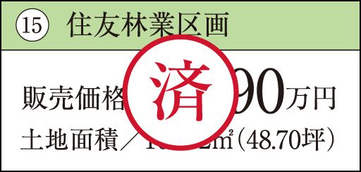 15 住友林業区画販売価格／3,390万円土地面積／161.02㎡（48.70坪）　済