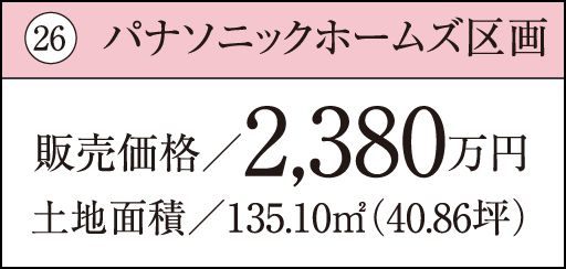 26 パナソニックホームズ区画販売価格／2,380万円土地面積／135.10㎡（40.86坪）