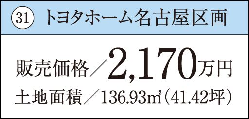 31 トヨタホーム名古屋区画販売価格／2,170万円土地面積／136.93㎡（41.42坪）