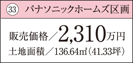 33 パナソニックホームズ区画販売価格／2,310万円土地面積／136.64㎡（41.33坪）
