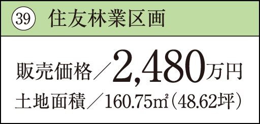 39 住友林業区画販売価格／2,480万円土地面積／160.75㎡（48.62坪）