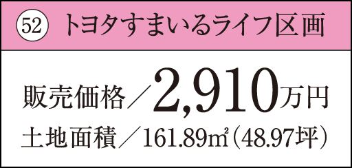 52 トヨタすまいるライフ区画販売価格／2,910万円土地面積／161.89㎡（48.97坪）