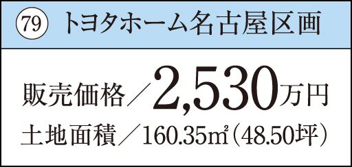 79 トヨタホーム名古屋区画販売価格／2,530万円土地面積／160.35㎡（48.50坪）