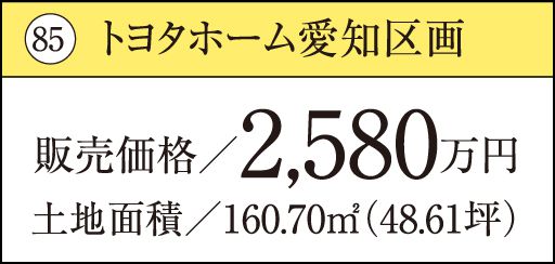 85 トヨタホーム愛知区画販売価格／2,580万円土地面積／160.70㎡（48.61坪）