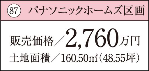 87 パナソニックホームズ区画販売価格／2,760万円土地面積／160.50㎡（48.55坪）