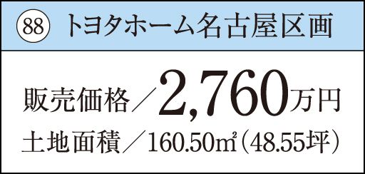 88 トヨタホーム名古屋区画販売価格／2,760万円土地面積／160.50㎡（48.55坪）