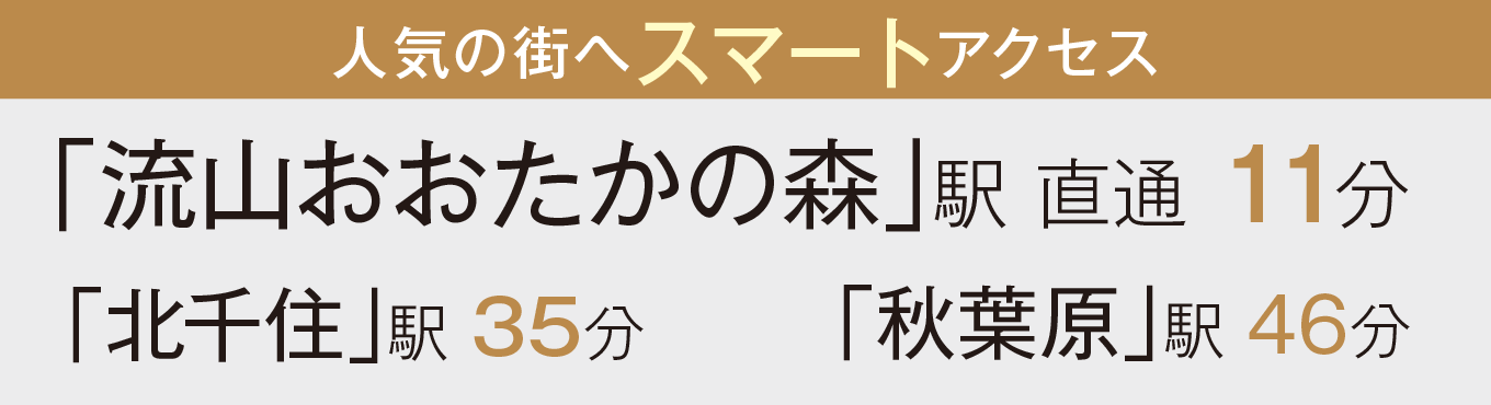 ［人気の街へスマートアクセス］「流山おおたかの森」駅 直通11分 「北千住」駅 35分 「秋葉原」駅 46分