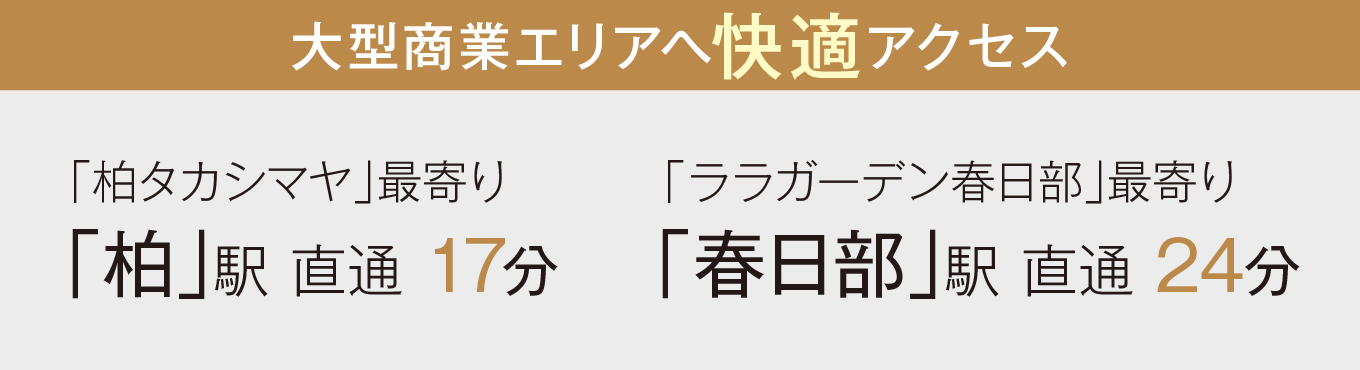 ［大型商業エリアへ快適アクセス］「柏タカシマヤ」最寄り「柏」駅 直通 17分　「ララガーデン春日部」最寄り「春日部」駅 直通 24分